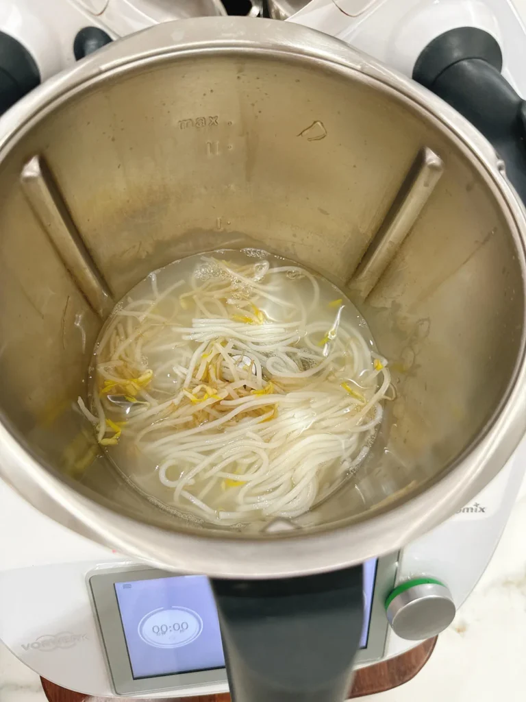 Breakfast: Scallion Oil Rice Noodles, Mango Smoothie, Soft-Centered Egg & Ginger Baby Bok Choy