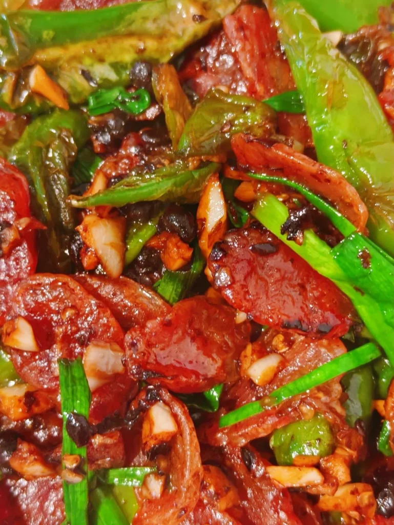 Stir-fried Chinese Sausage with Zhangshugang Peppers and Black Bean Sauce