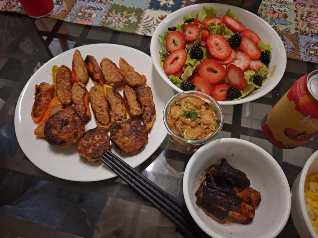 Chicken-Stuffed Mini Bell Peppers & Button Mushrooms with Creamy Tomato Onion Sauce