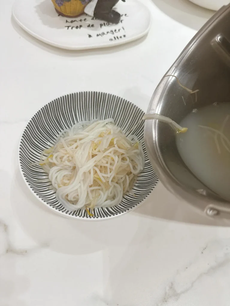 Breakfast: Scallion Oil Rice Noodles, Mango Smoothie, Soft-Centered Egg & Ginger Baby Bok Choy